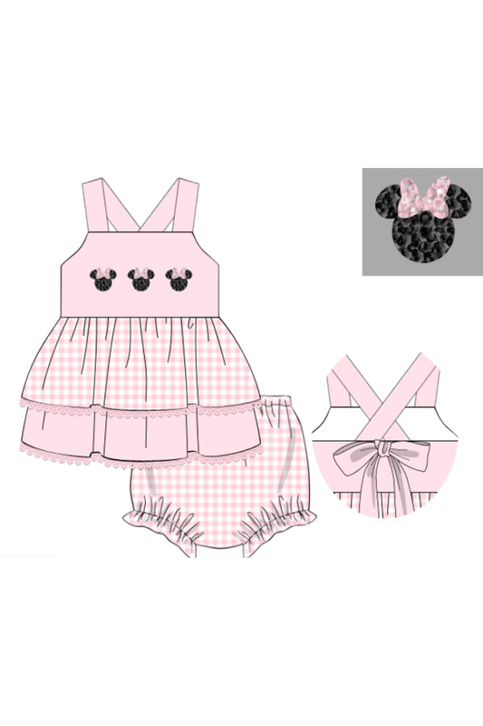 The Smocked Flamingo Apparel & Accessories Pre-Order French Knot Mouse Pink Gingham Knit Bloomer Set