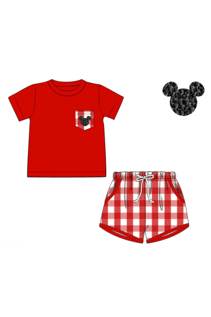 The Smocked Flamingo Apparel & Accessories Pre-Order French Knot Mouse Red Gingham Short Set