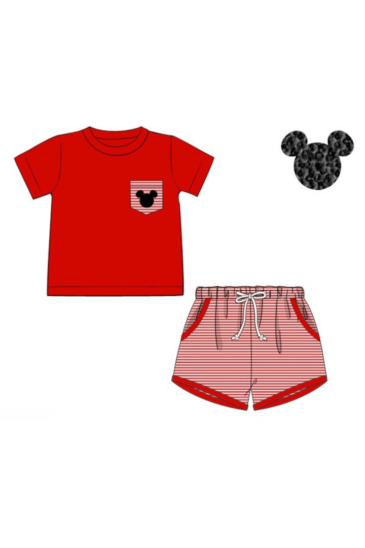 The Smocked Flamingo Apparel & Accessories Pre-Order French Knot Mouse Red/Stripe Knit Short Set