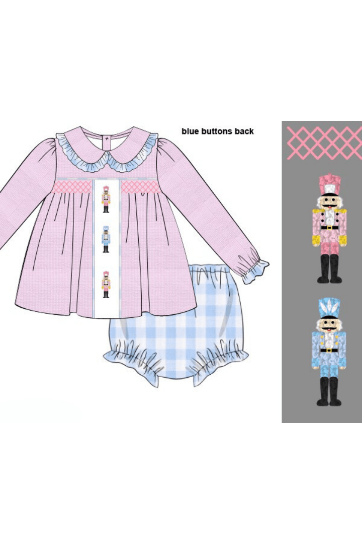 The Smocked Flamingo Apparel & Accessories Pre-Order French Knot Nutcracker Pink and Blue Gingham Bloomer Set