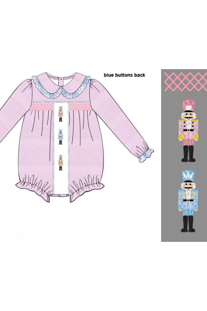 The Smocked Flamingo Apparel & Accessories Pre-Order French Knot Nutcracker Pink and Blue Gingham Bubble