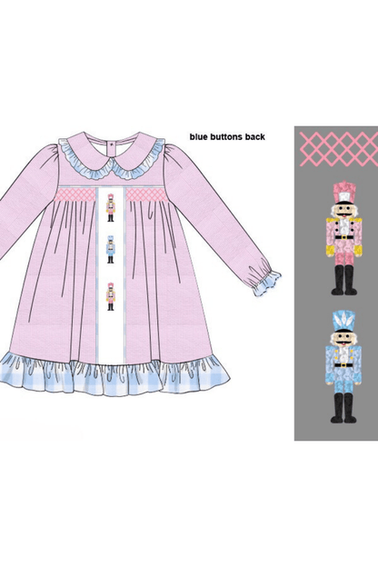 The Smocked Flamingo Apparel & Accessories Pre-Order French Knot Nutcracker Pink and Blue Gingham Dress