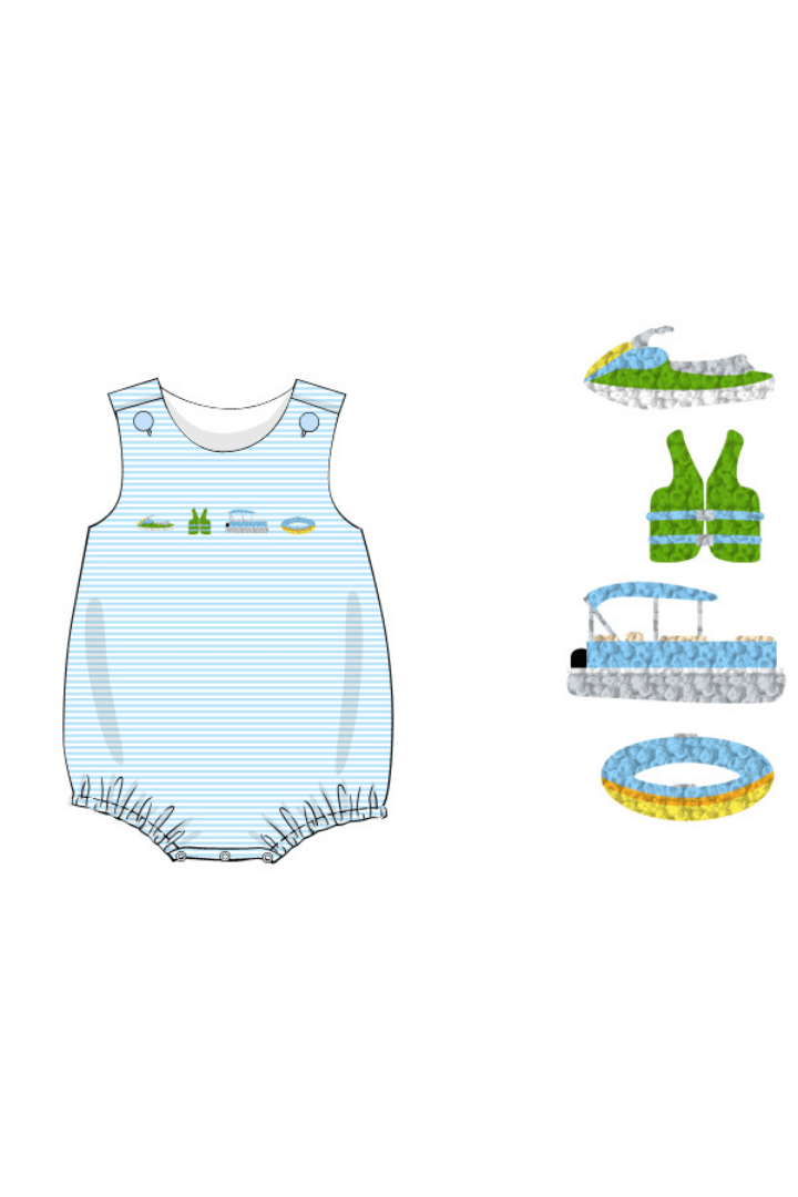 The Smocked Flamingo Apparel & Accessories Pre-Order French Knot On the Pontoon Blue Stripe Bubble