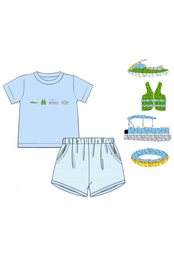 The Smocked Flamingo Apparel & Accessories Pre-Order French Knot On the Pontoon Blue Stripe Short Set