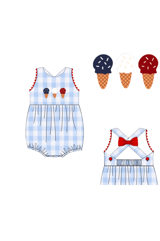 The Smocked Flamingo Apparel & Accessories Pre-Order French Knot Patriotic Ice Cream Blue Gingham Bow Bubble