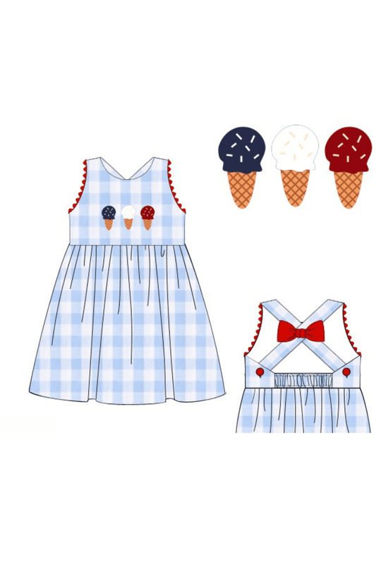 The Smocked Flamingo Apparel & Accessories Pre-Order French Knot Patriotic Ice Cream Blue Gingham Bow Dress