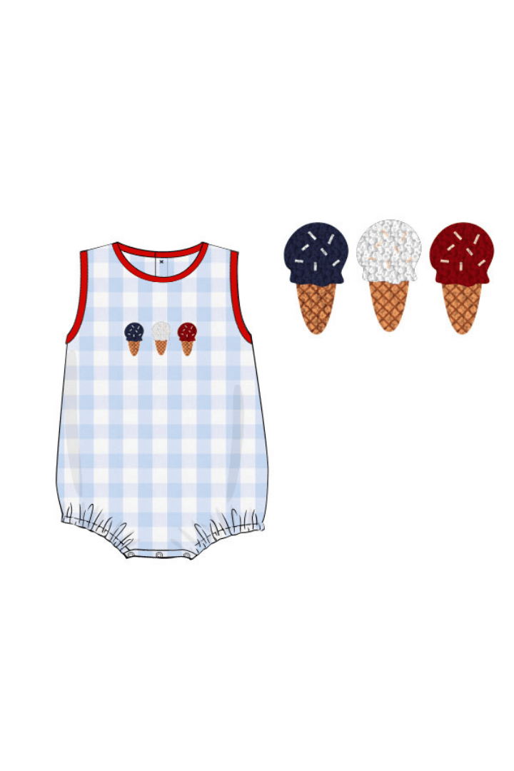 The Smocked Flamingo Apparel & Accessories Pre-Order French Knot Patriotic Ice Cream Blue Gingham Bubble