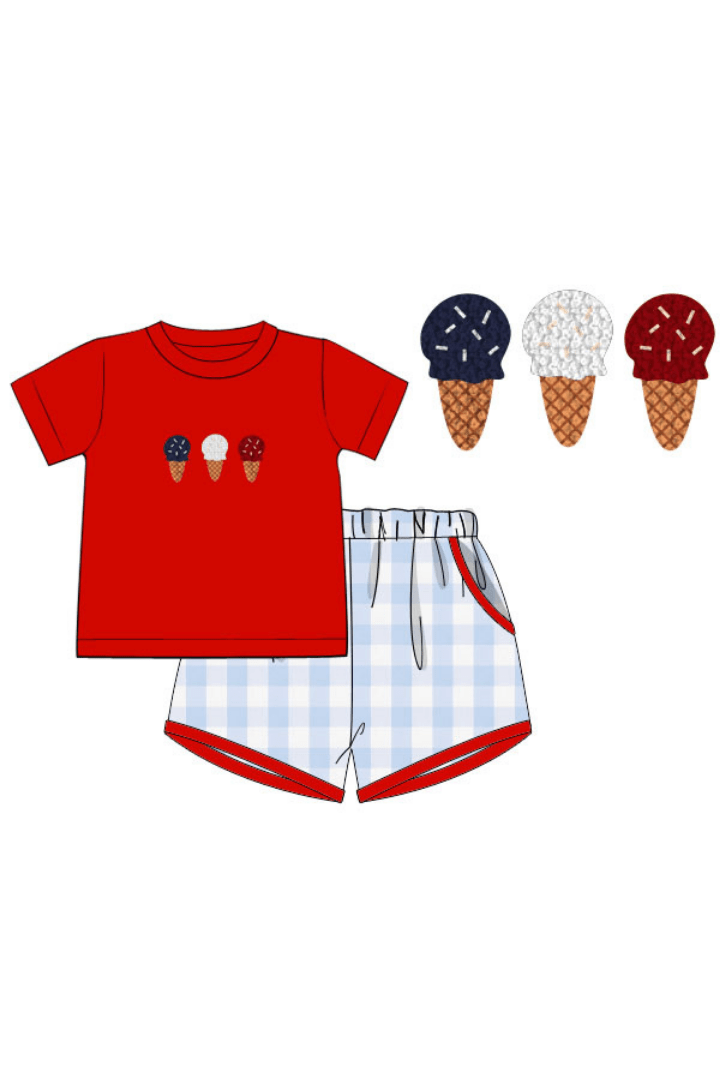 The Smocked Flamingo Apparel & Accessories Pre-Order French Knot Patriotic Ice Cream Blue Gingham Short Set