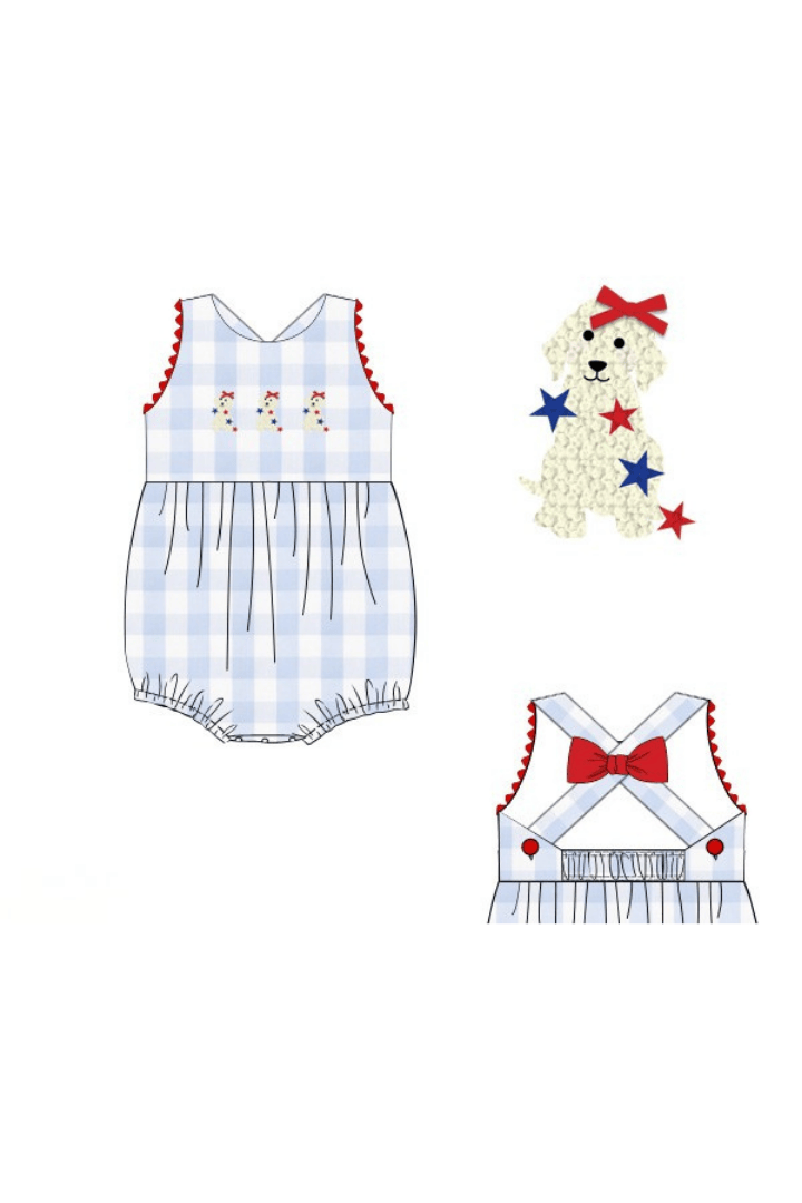 The Smocked Flamingo Apparel & Accessories Pre-Order French Knot Patriotic Puppy Blue Buffalo Check Bow Bubble