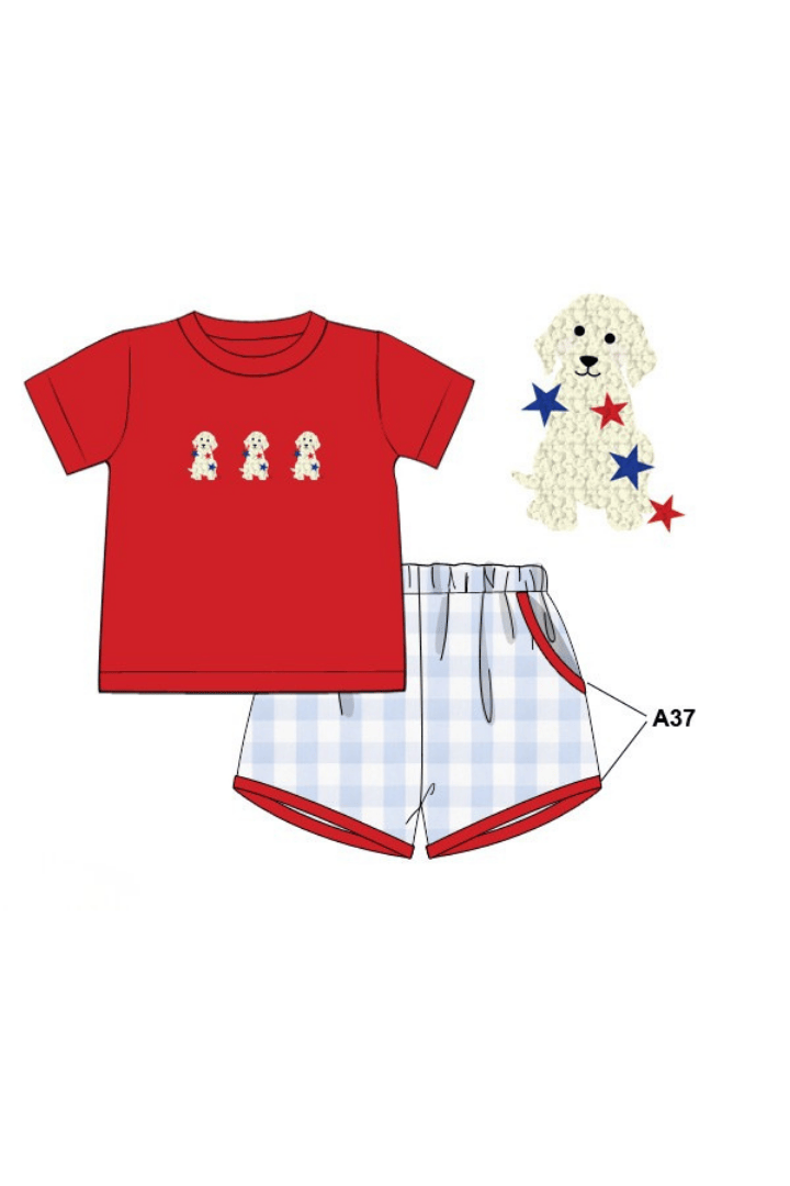 The Smocked Flamingo Apparel & Accessories Pre-Order French Knot Patriotic Puppy Blue Buffalo Check Short Set
