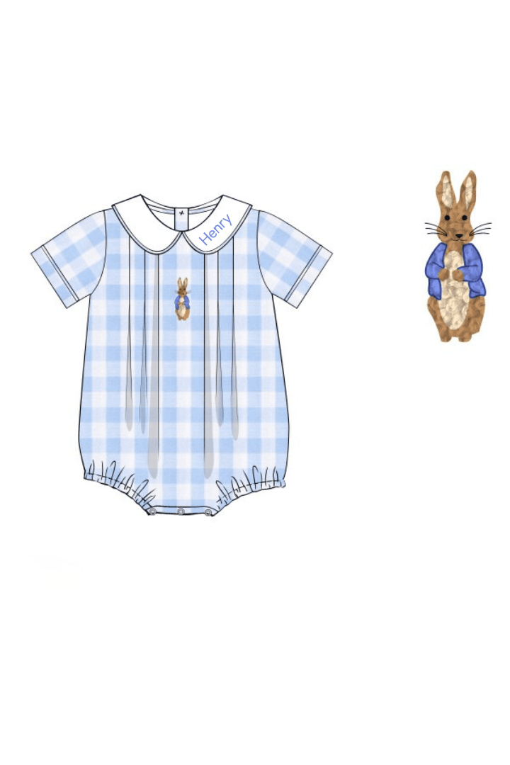 The Smocked Flamingo Apparel & Accessories Pre-Order French Knot Peter Rabbit Blue Buffalo Check Bubble