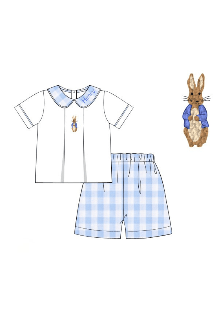 The Smocked Flamingo Apparel & Accessories Pre-Order French Knot Peter Rabbit Blue Buffalo Check Short Set