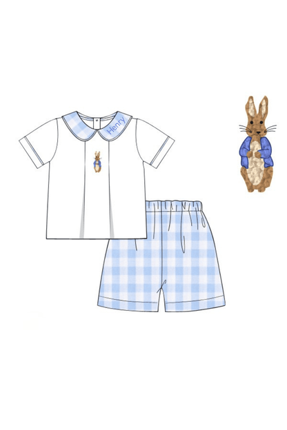 The Smocked Flamingo Apparel & Accessories Pre-Order French Knot Peter Rabbit Blue Buffalo Check Short Set