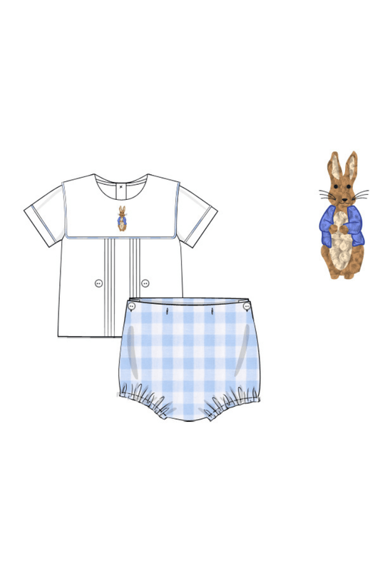 The Smocked Flamingo Apparel & Accessories Pre-Order French Knot Peter Rabbit Blue Gingham Diaper Set