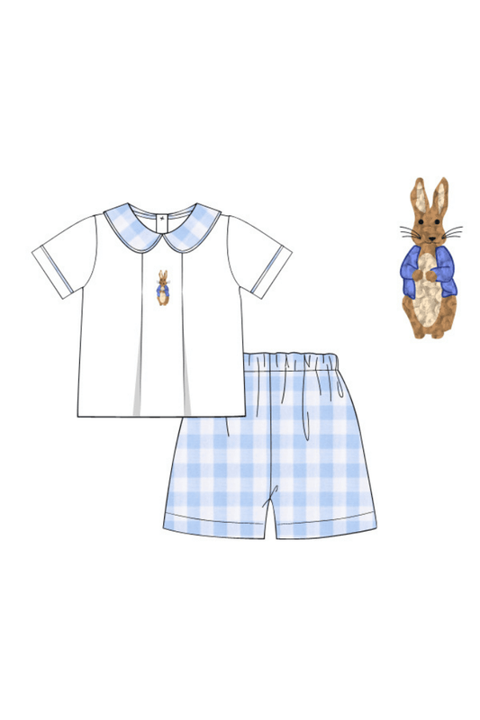 The Smocked Flamingo Apparel & Accessories Pre-Order French Knot Peter Rabbit Blue Gingham Short Set