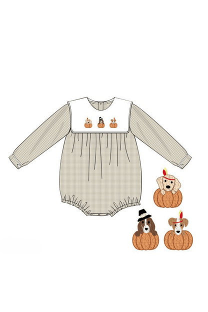 The Smocked Flamingo Apparel & Accessories Pre-Order French Knot Pilgrim Puppy Khaki Gingham Bubble