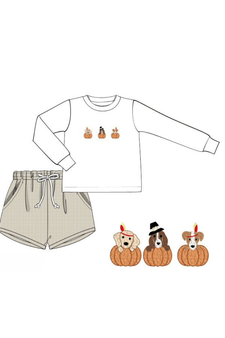 The Smocked Flamingo Apparel & Accessories Pre-Order French Knot Pilgrim Puppy Khaki Gingham Short Set