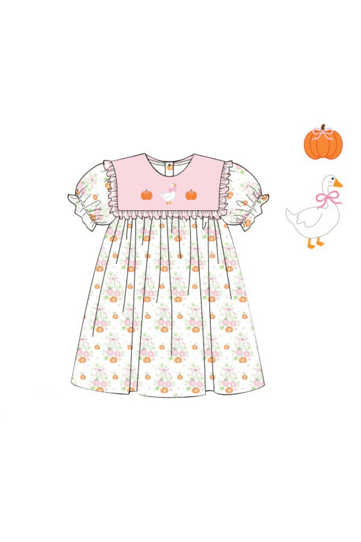 The Smocked Flamingo Apparel & Accessories Pre-Order French Knot Pumpkin Goose Bib Dress