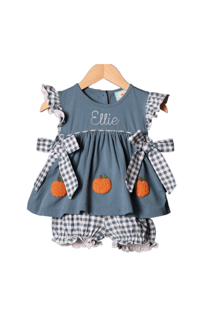 The Smocked Flamingo Apparel & Accessories Pre-Order French Knot Pumpkin Stone Gingham BOW Short Set