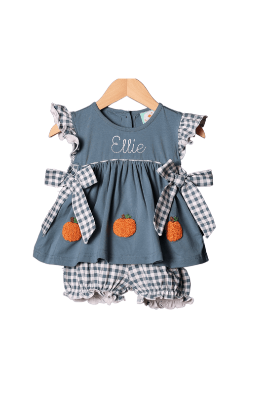 The Smocked Flamingo Apparel & Accessories Pre-Order French Knot Pumpkin Stone Gingham BOW Short Set