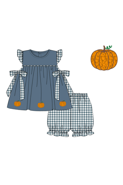 The Smocked Flamingo Apparel & Accessories Pre-Order French Knot Pumpkin Stone Gingham BOW Short Set