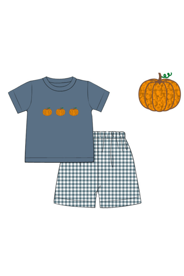 The Smocked Flamingo Apparel & Accessories Pre-Order French Knot Pumpkin Stone Gingham Short Set