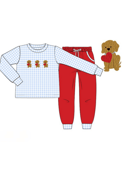 The Smocked Flamingo Apparel & Accessories Pre-Order French Knot Puppy Love Embroidered Blue Gingham Jogger Set