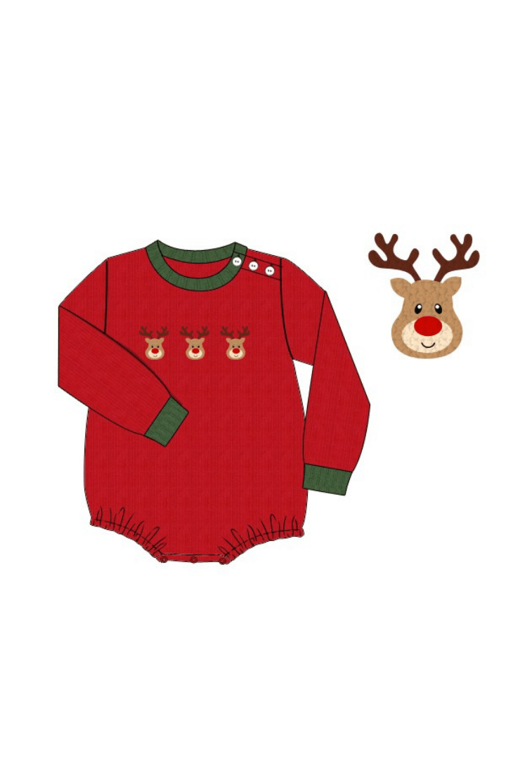 The Smocked Flamingo Apparel & Accessories Pre-Order French Knot Reindeer Red Cardigan Bubble