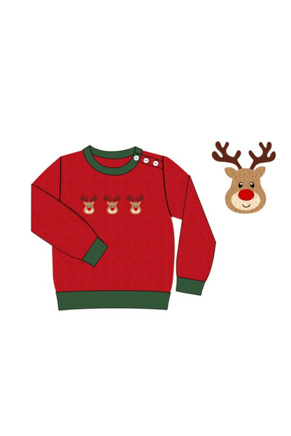 The Smocked Flamingo Apparel & Accessories Pre-Order French Knot Reindeer Red Cardigan Pullover