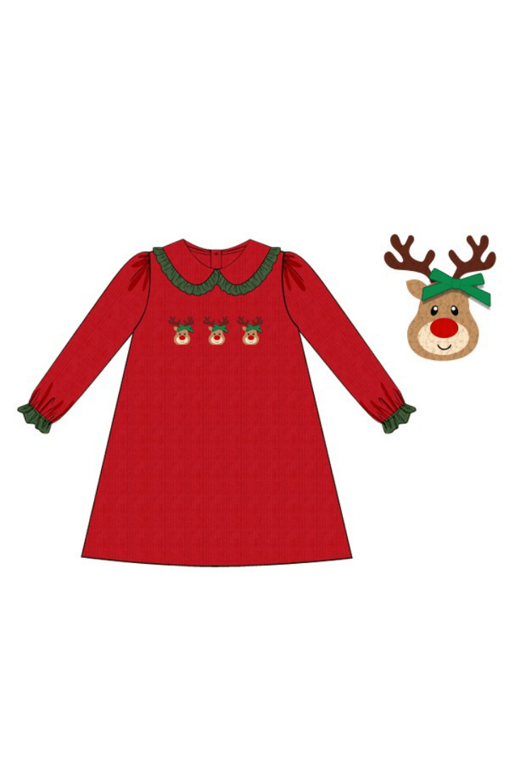 The Smocked Flamingo Apparel & Accessories Pre-Order French Knot Reindeer Red Cardigan Ruffle Dress