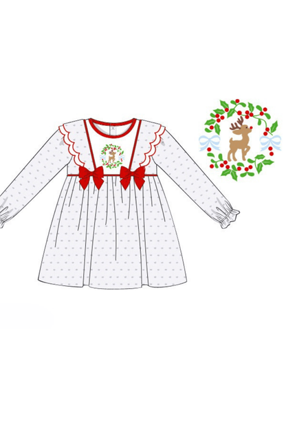 The Smocked Flamingo Apparel & Accessories Pre-Order French Knot Reindeer Swiss Dot Dress