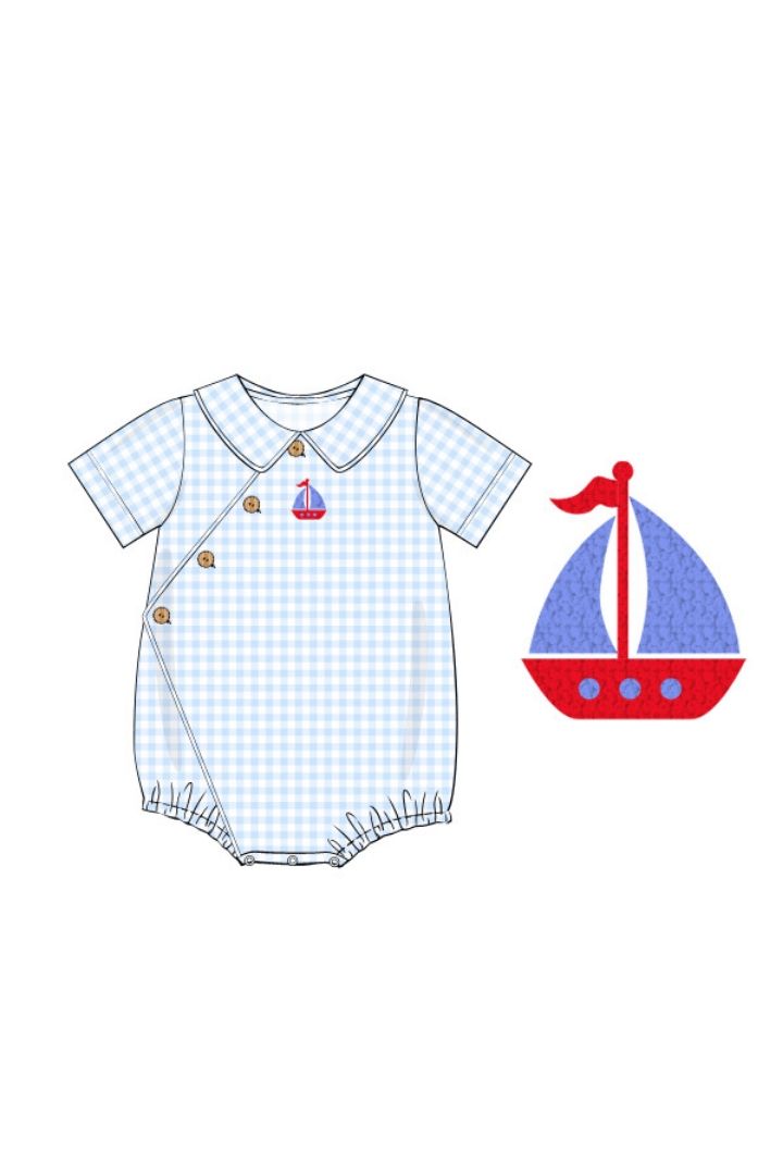 The Smocked Flamingo Apparel & Accessories Pre-Order French Knot Sailboat Blue Gingham Knit Bubble