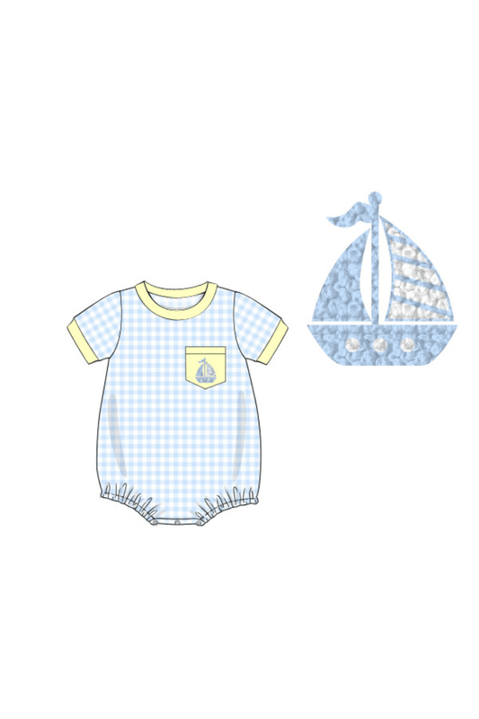 The Smocked Flamingo Apparel & Accessories Pre-Order French Knot Sailboat Blue Gingham/Yellow Bubble