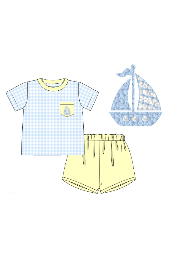 The Smocked Flamingo Apparel & Accessories Pre-Order French Knot Sailboat Blue Gingham/Yellow Short Set