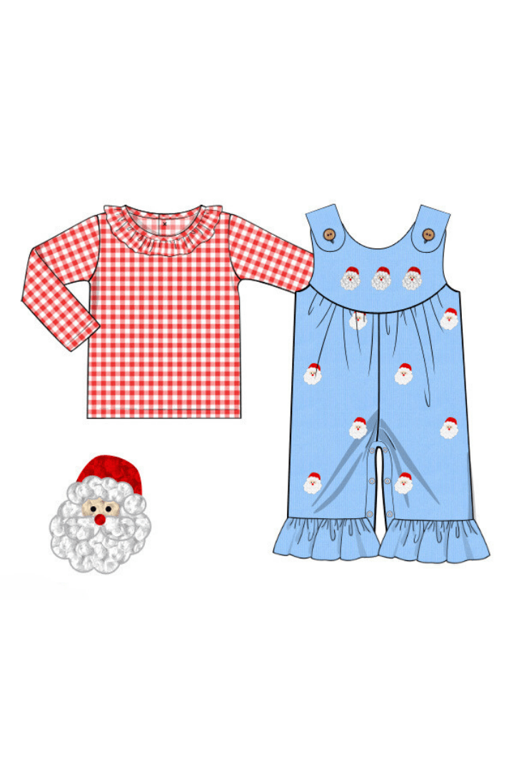 The Smocked Flamingo Apparel & Accessories Pre-Order French Knot Santa Blue Corduroy/Red Gingham Knit Romper