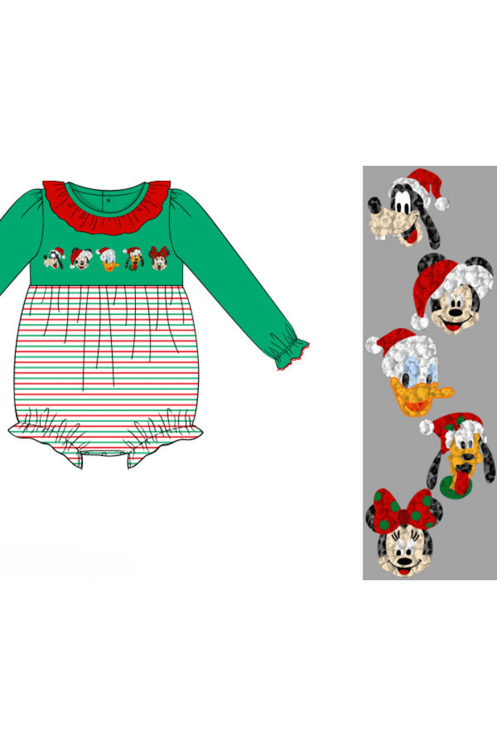 The Smocked Flamingo Apparel & Accessories Pre-Order French Knot Santa Mouse Friends Stripe Ruffle Bubble