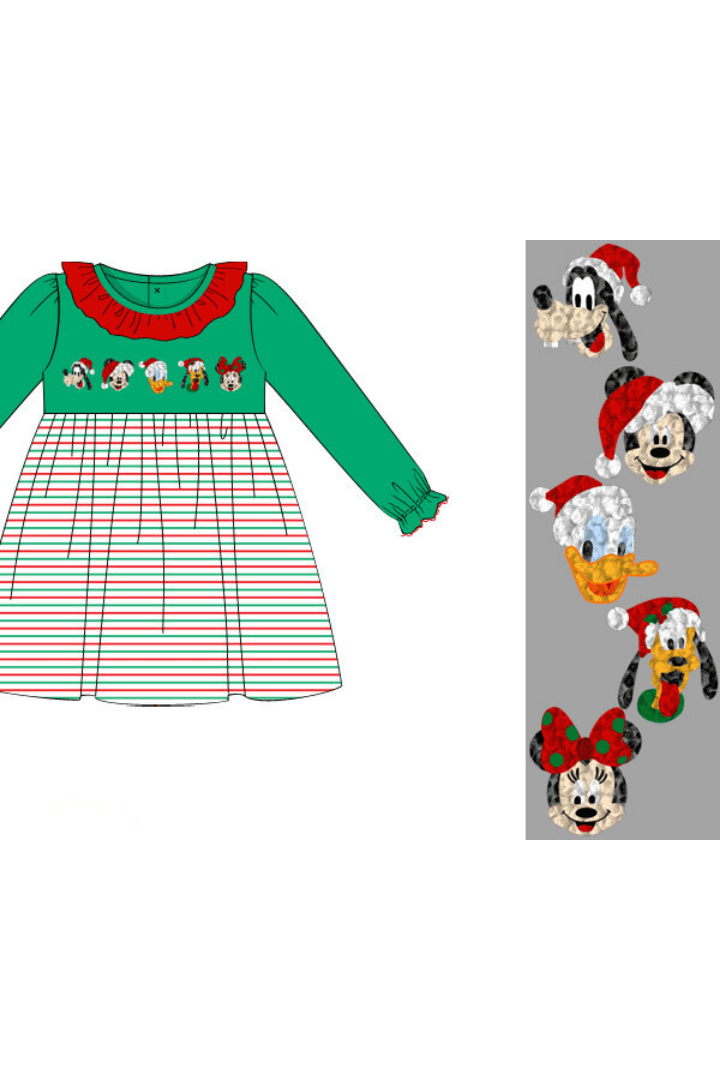 The Smocked Flamingo Apparel & Accessories Pre-Order French Knot Santa Mouse Friends Stripe Ruffle Dress