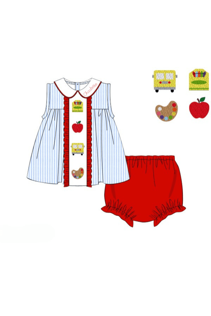 The Smocked Flamingo Apparel & Accessories Pre-Order French Knot School Blue Pinstripe Red Ruffle Bloomer Set