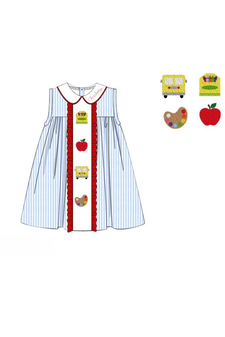 The Smocked Flamingo Apparel & Accessories Pre-Order French Knot School Blue Pinstripe Red Ruffle Dress