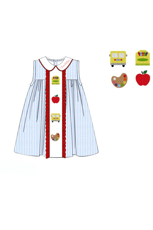 The Smocked Flamingo Apparel & Accessories Pre-Order French Knot School Blue Pinstripe Red Ruffle Dress