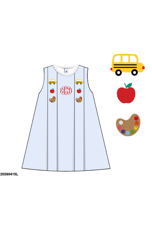 The Smocked Flamingo Apparel & Accessories Pre-Order French Knot School Supplies Blue Gingham Dress