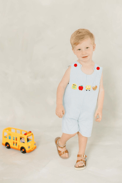 The Smocked Flamingo Apparel & Accessories Pre-Order French Knot School Supplies Blue Pinstripe Jon Jon