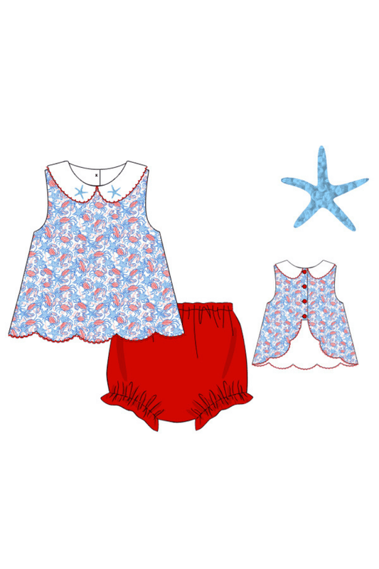 The Smocked Flamingo Apparel & Accessories Pre-Order French Knot Starfish and Crab Red and Blue Bloomer Set