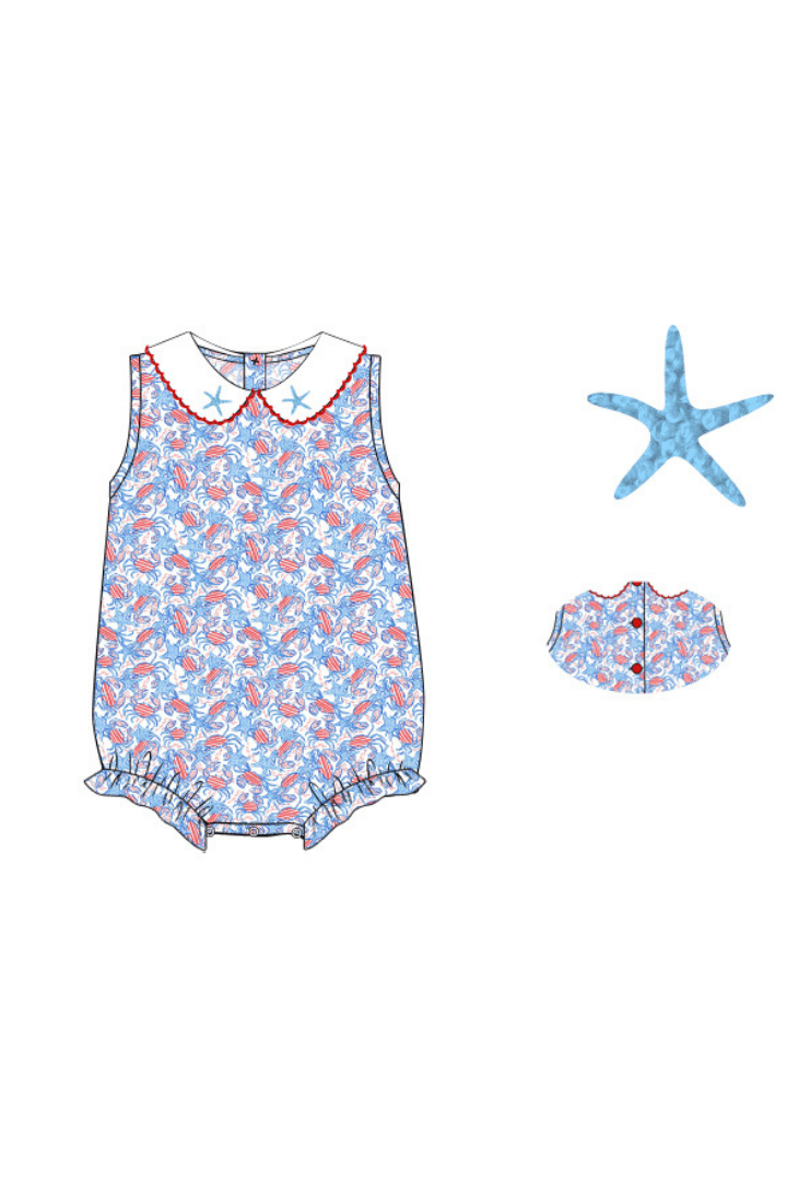 The Smocked Flamingo Apparel & Accessories Pre-Order French Knot Starfish and Crab Red and Blue Bubble