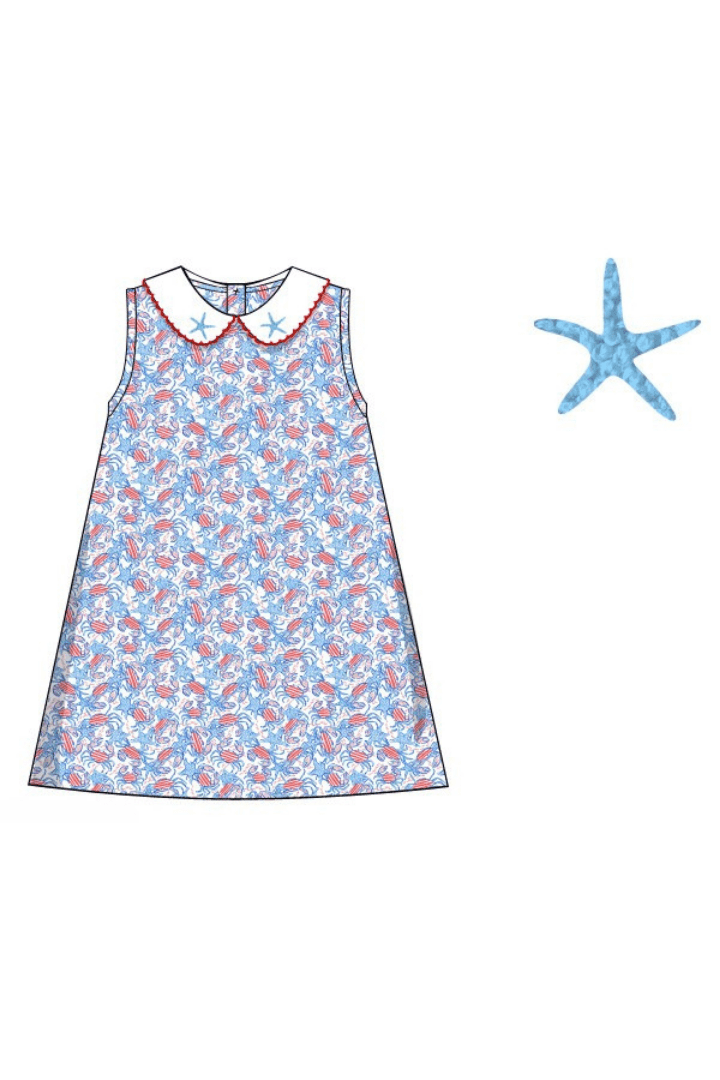 The Smocked Flamingo Apparel & Accessories Pre-Order French Knot Starfish and Crab Red and Blue Dress