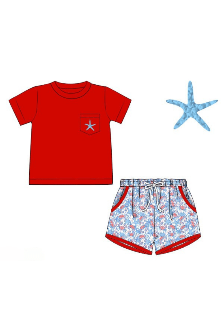 The Smocked Flamingo Apparel & Accessories Pre-Order French Knot Starfish and Crab Red and Blue Short Set