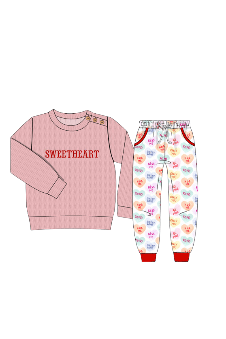 The Smocked Flamingo Apparel & Accessories Pre-Order French Knot Sweetheart Candy Heart Jogger Set