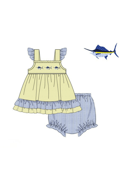 The Smocked Flamingo Apparel & Accessories Pre-Order French Knot Swordfish Yellow/Navy Bloomer Set