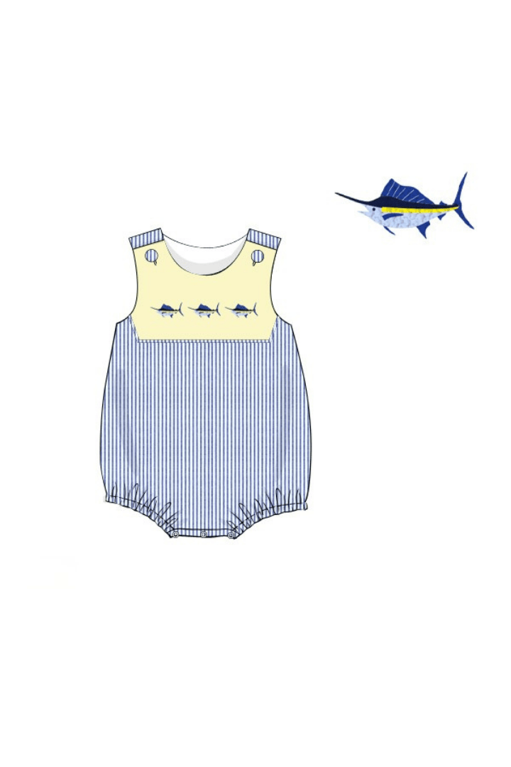 The Smocked Flamingo Apparel & Accessories Pre-Order French Knot Swordfish Yellow/Navy Bubble