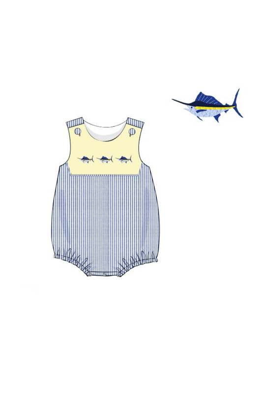The Smocked Flamingo Apparel & Accessories Pre-Order French Knot Swordfish Yellow/Navy Bubble